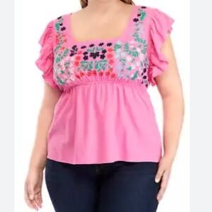 Crown & Ivy Plus Size 3X Embroidered Top Blouse - Pink NWT Linen Rayon Blend
